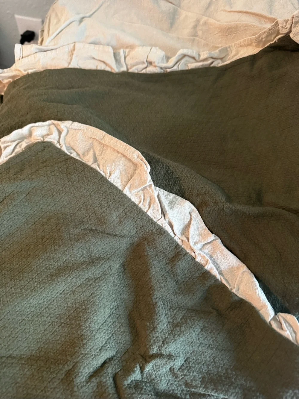 Olive Green Ruffled Pillow Shams with Cream Trim